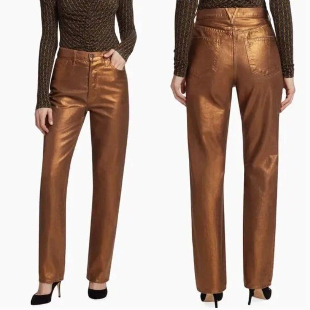 Veronica Beard Daniela Metallic Straight Leg Pant in Bronze size 24 New